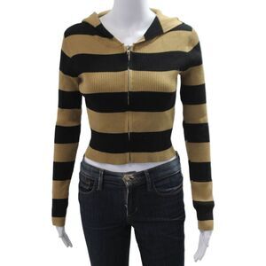 Sunday Stevens Women Full Zip Striped Beige Hoodie Long Sleeve Size S